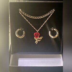 Elegant Rose Pendant Necklace and Earring Set gold plated 17” chain double - NIB